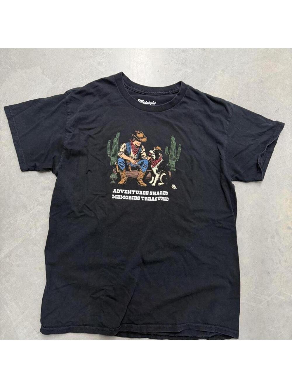 Midnight Bandit Cowboy Dog Graphic T-Shirt Black Western Desert Tee Men’s Large